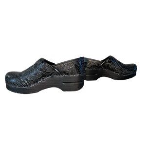 Dansko Leather Clogs Womens 36 5.5 Floral Black Platform Slip-On Office Nurse